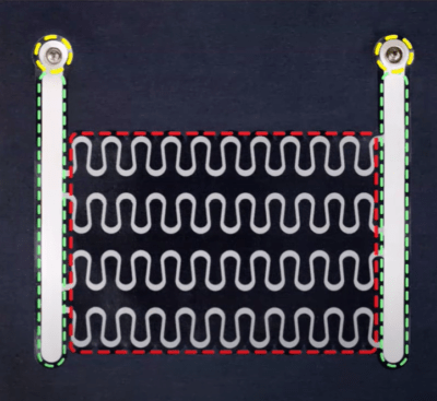 Printed flex heater with outlined components, busbars terminations and heating element is shown.