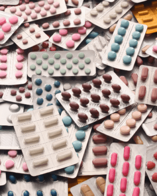 Pharmaceutical applications: a large pile of blister medication packs in assorted colors