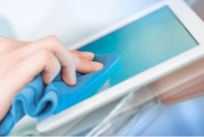 person cleaning a tablet with a capacitive touch screen with a microfiber cloth