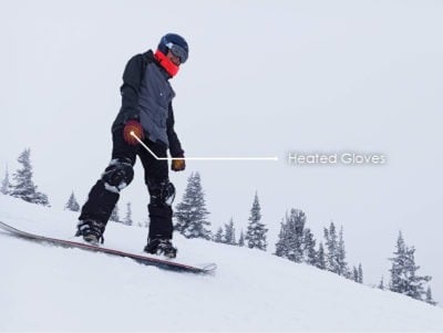 man snowboarding down a slope in winter with a flexible printed heater incorporated into his gloves.