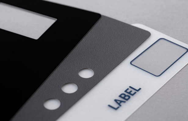 Close-up of layered graphic overlay materials with windows and cutouts.