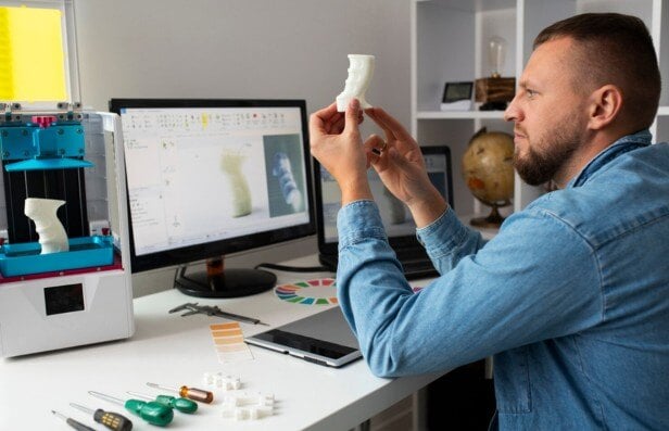 Engineer examining a 3D-printed prototype for product development.