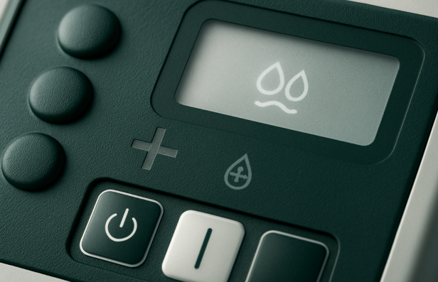 Industrial-style graphic overlay with embossed buttons and icons