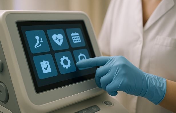 Gloved medical technician using a touch panel