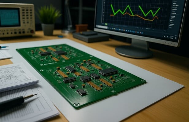 PCB with components beside performance graphs