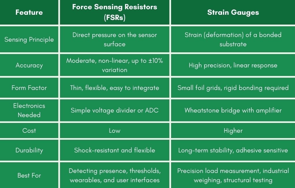 Comparison table of force sensing resistors vs strain gauges