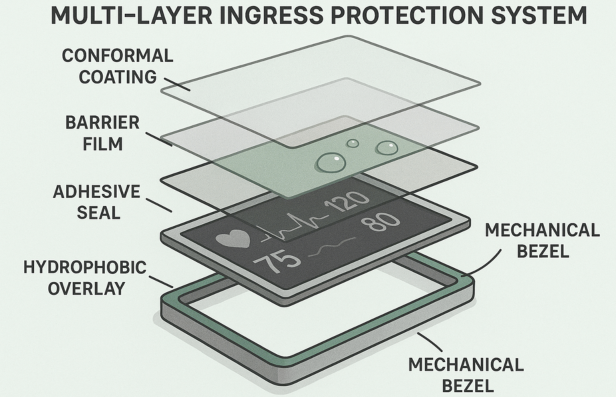 Exploded view of multi-layer barrier system in a sealed medical touchscreen device