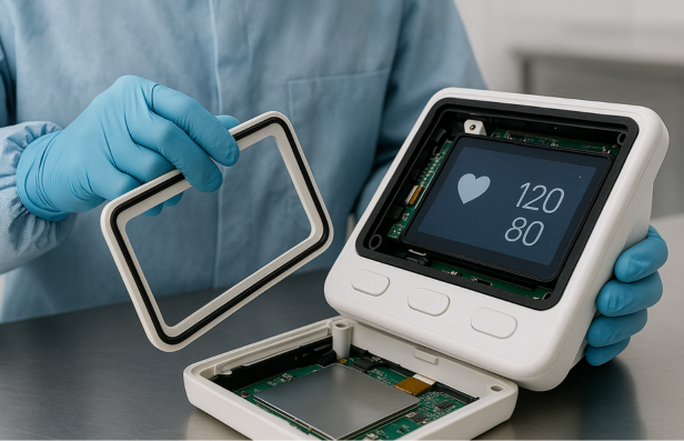 Close-up of a medical device being opened by a technician, showing internal gasket lining around touchscreen and buttons in a clean lab setting.