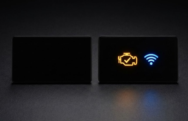 Dead-front panel: Off vs backlit state