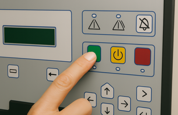 Finger pressing start on labeled graphic overlay panel