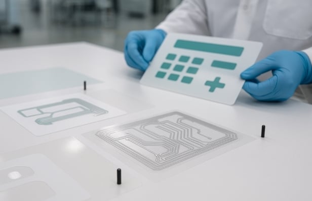 Membrane switch overlay and circuit layers prepared for assembly