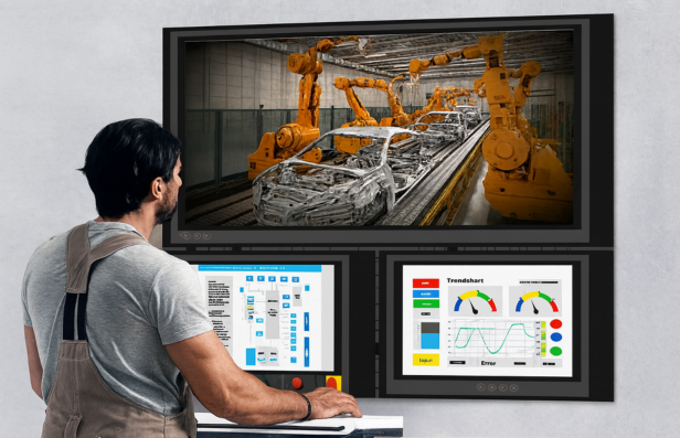 Operation Engineer  monitoring robotic assembly line through HMI screens