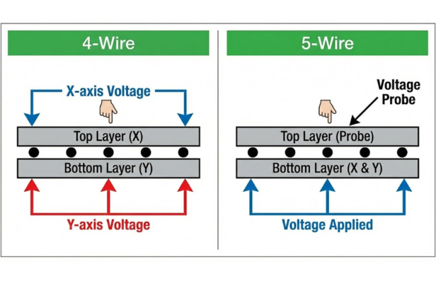 Layer structure of resistive touch screen types showing conductive layers