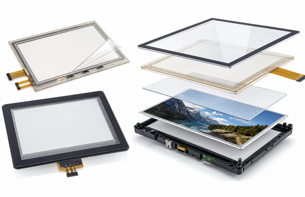 Resistive and PCAP touch screen layers and display integration.