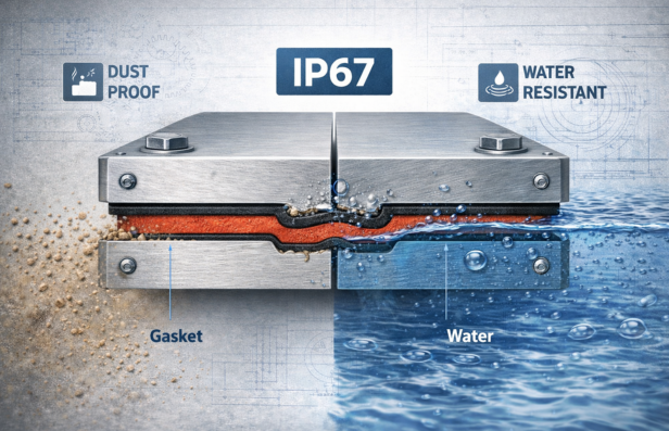 IP67 gasket protecting electronic enclosure from dust and water