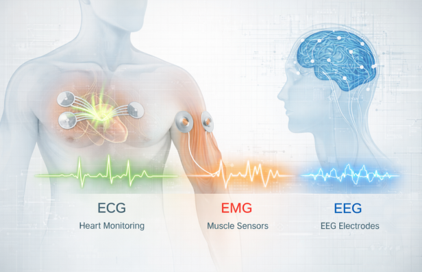 ECG, EMG, and EEG bioelectric signals detected by sensors