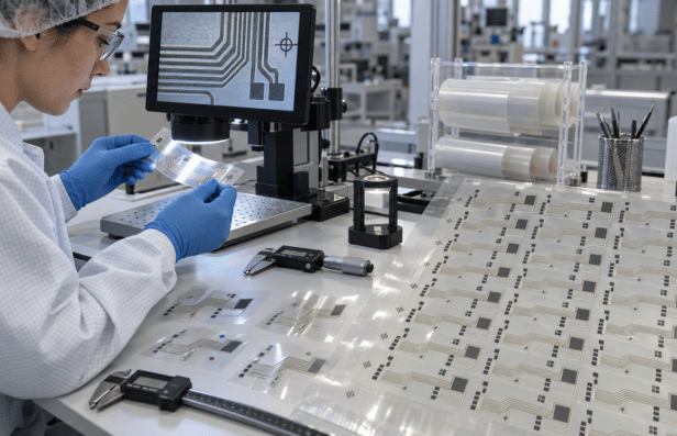 Engineer inspecting a flexible circuit for manufacturability