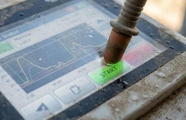 Rubber work tool pressing a dusty and wet resistive touch screen