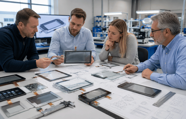 Engineering team comparing touch screen samples and production requirements.