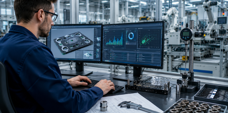 Engineer performing DFM analysis in an advanced production facility