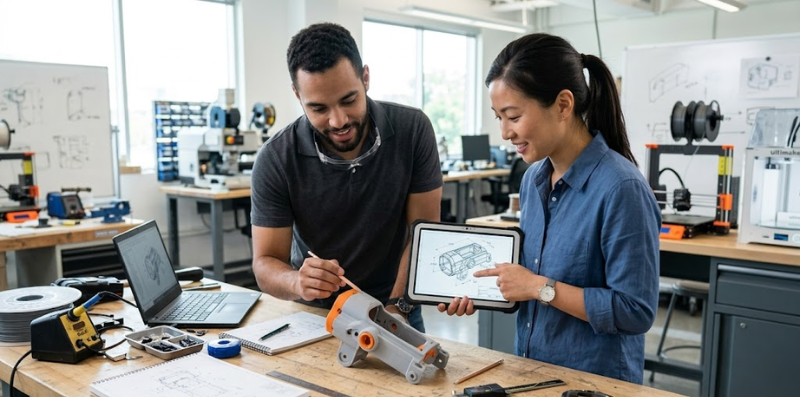 Two engineers comparing a 3D-printed prototype to a digital blueprint