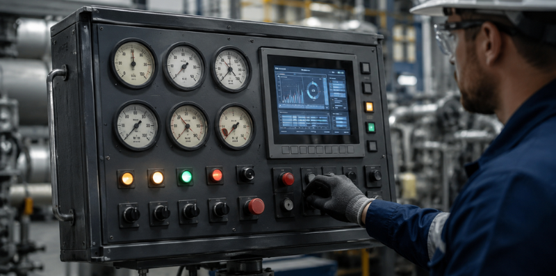 Hybrid control panel with analog gauges and digital display interface
