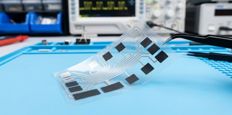 Flexible printed sensor patch lifted by tweezers on the engineering bench