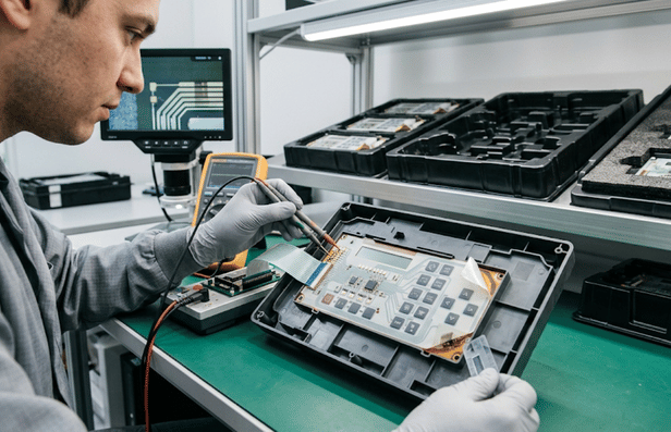 Technician testing an integrated Printed electronics control panel