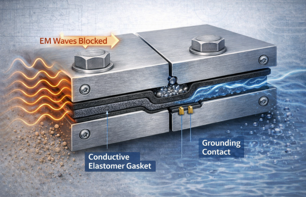 Conductive elastomer gasket providing EMI shielding in the enclosure