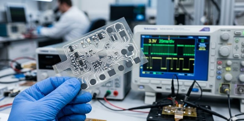 Gloved hand holding a flexible printed circuit prototype in a lab