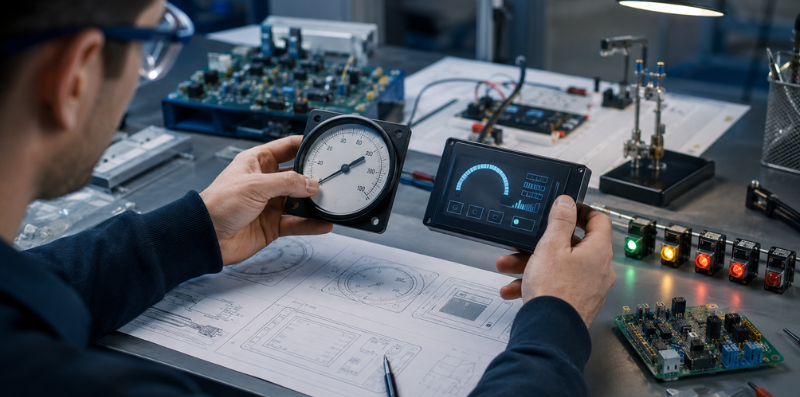 An engineer comparing an analog dial and a digital display module