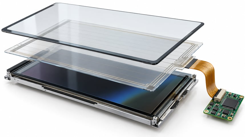 Exploded capacitive touch screen construction layers