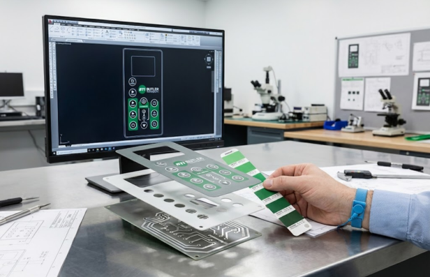 Engineer reviewing custom graphic overlay design and printed circuit layout in lab setting