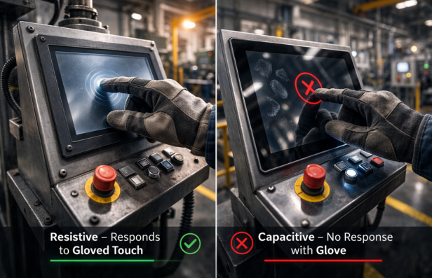 Gloved operator pressing resistive touch screen on industrial control panel