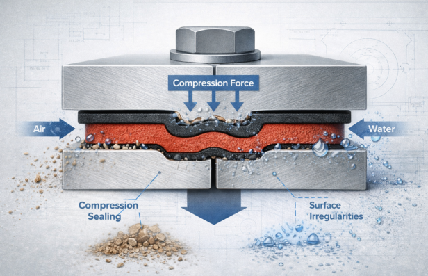 Diagram showing gasket compression sealing between two surfaces