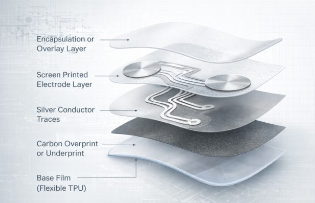 Layer structure of printed biometric sensor with electrodes