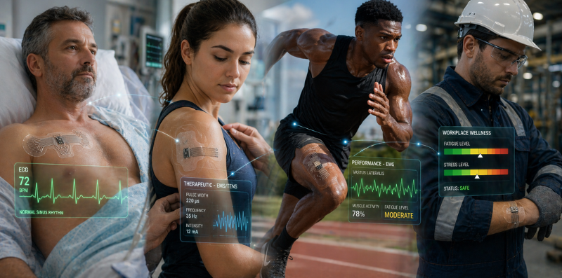 Illustration of Biometric sensors used in healthcare, sports, therapy, and industrial safety