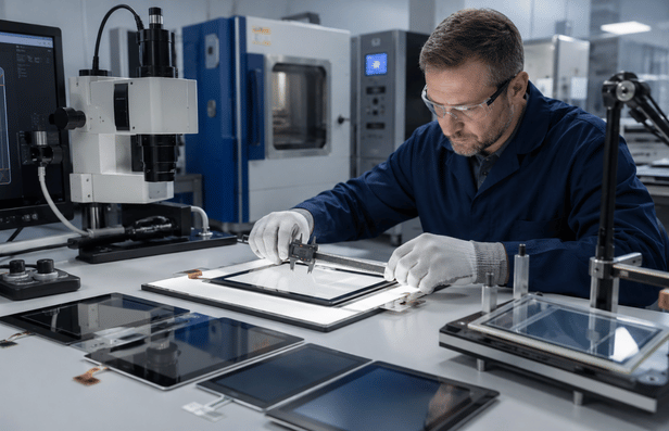 Technician inspecting a custom touch screen for quality and tolerances.