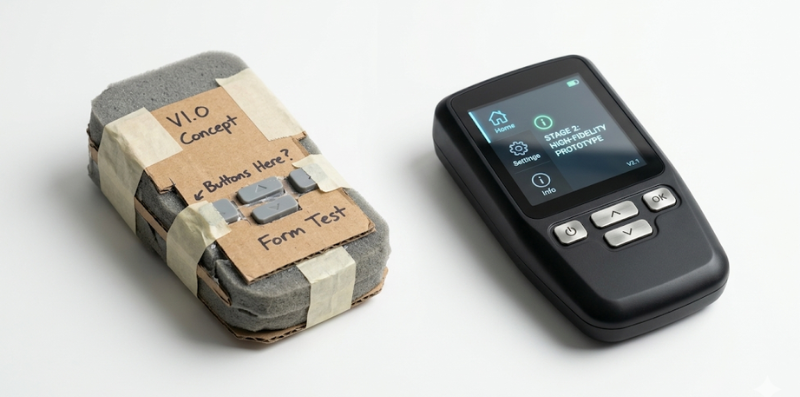 Low-fidelity foam concept next to a high-fidelity finished prototype