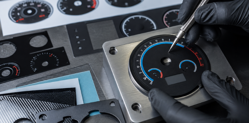 Technician inspecting modern dial and gauge overlay design