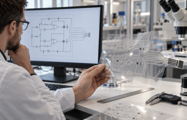 Engineer reviewing a schematic and flexible circuit layout