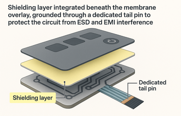 Shielding layer highlighted beneath membrane switch overlay with grounded tail connection