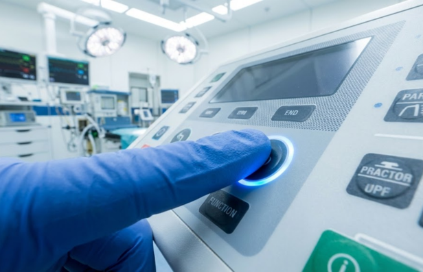 Medical professional pressing a tactile membrane switch of a medical device