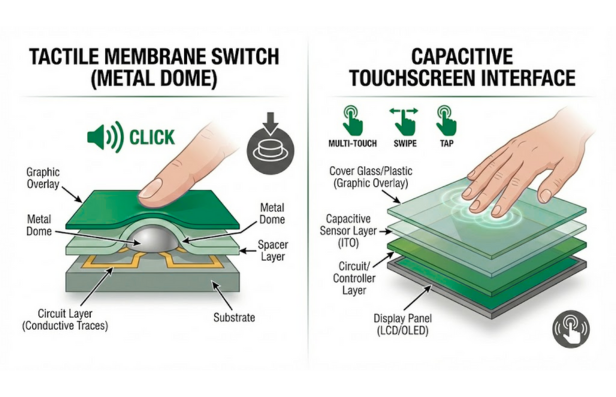 Internal structure of tactile metal dome switches vs. capacitive touch sensors
