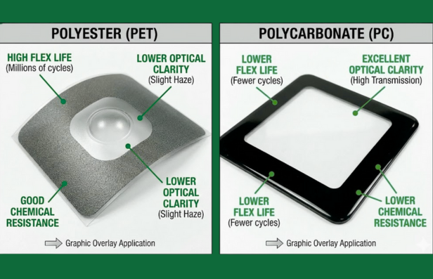 Visual comparison of Polyester vs. Polycarbonate overlay characteristics