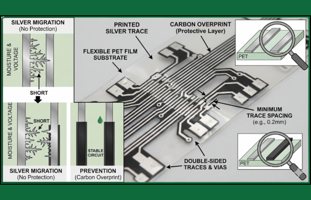Flexible circuit showing silver traces and carbon overprint protection